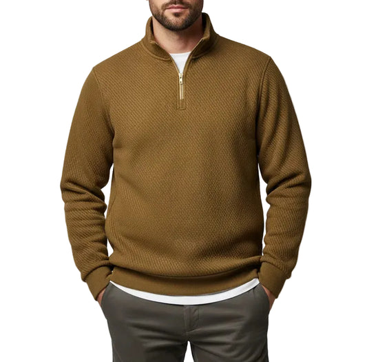 Men's Textured Quarter-Zip Sweatshirt Mustard Brown