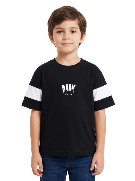 Child wearing a black t-shirt with white stripes and text on a white background