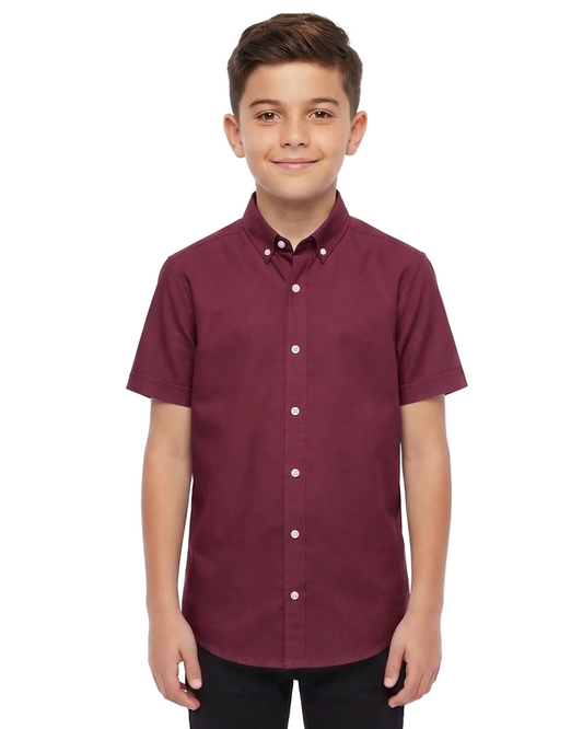 Boys' short-sleeved Oxford shirt-Burgundy