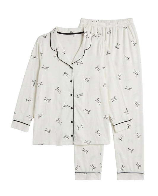 Women's classic printed pyjama set in off-white with black bow pattern by TREE