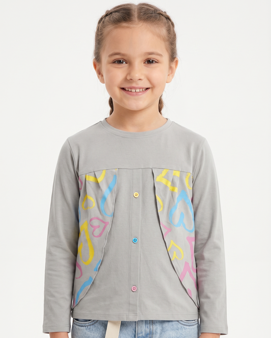 Girls' printed t-shirt with long sleeves -Grey