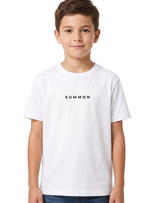A young boy wearing a white short-sleeve crewneck t-shirt with the word 'SUMMON' printed in black sans-serif font across the chest, photographed against a clean white background.
