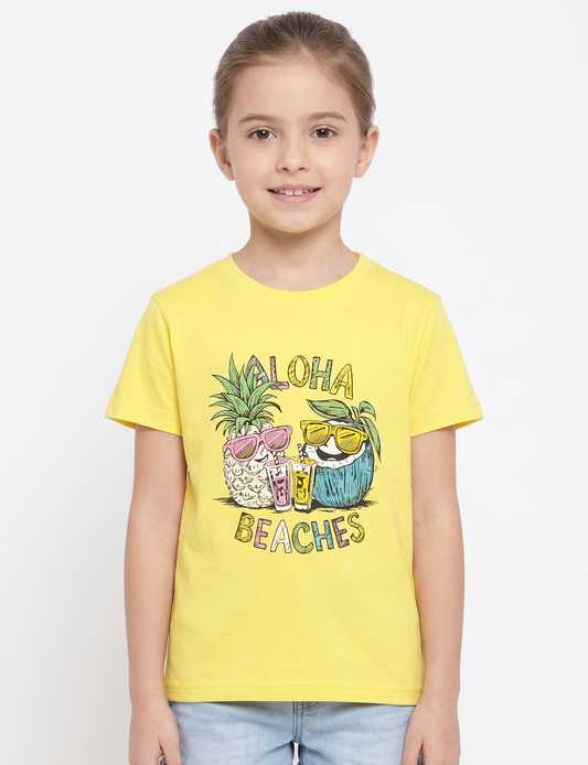 Girls' printed t-shirt with Short Sleeve -Yellow