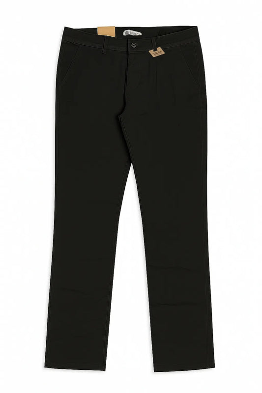 Studio shot of men's regular-fit gabardine pants with side pockets in black by TREE.