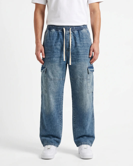 Men's light blue wide leg cargo jeans made of 100% cotton with elastic waist and drawstring by TREE