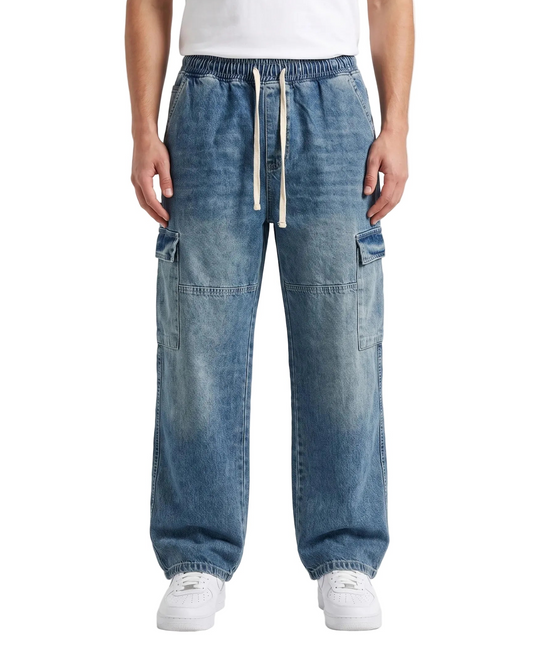 Men's light blue wide leg cargo jeans made of 100% cotton with elastic waist and drawstring by TREE