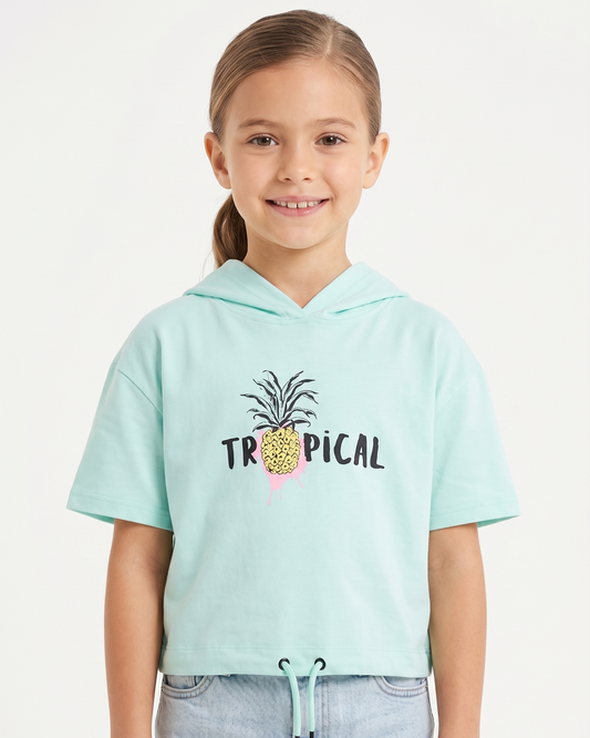 Girls' printed t-shirt with Short Sleeve -Turquoise