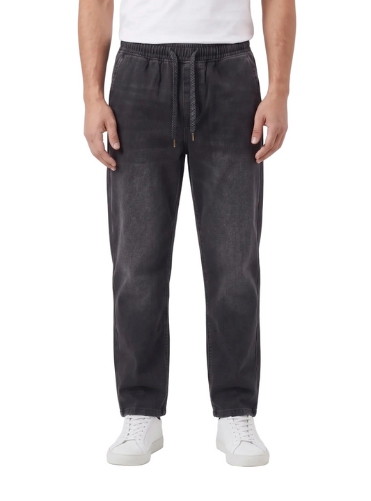 Men's black wide-leg jeans made of 99% cotton and 1% elastane with elastic waist by TREE
