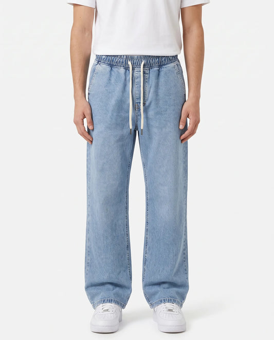 Men's 100% pure cotton wide-leg denim pants with elastic waist by TREE
