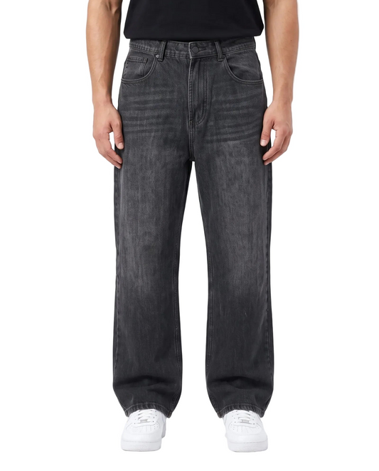 Men's dark grey wide-leg jeans with fixed waist and button closure by TREE