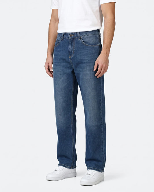 Men's blue wide-leg jeans with fixed waist and button closure by TREE
