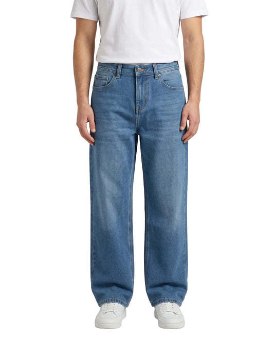 Men's blue wide-leg jeans with fixed waist and button closure by TREE