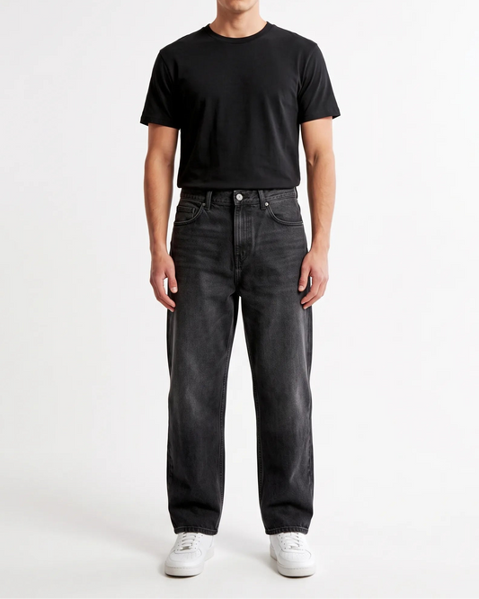 Men's grey baggy fit jeans with fixed waist and button closure by TREE