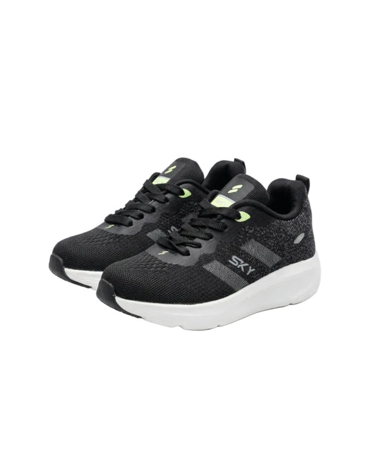 Front view of a kids' black fashion sneaker featuring a chunky sole, SKY branding, and pull tab by TREE.
