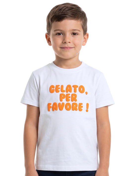 Child wearing a white t-shirt with orange text on a white background