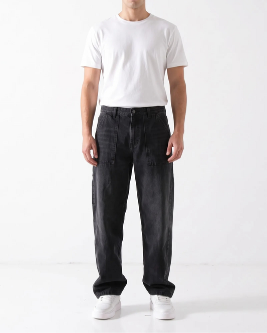 Men's black wide-leg jeans with front patch pockets and fixed waist by TREE