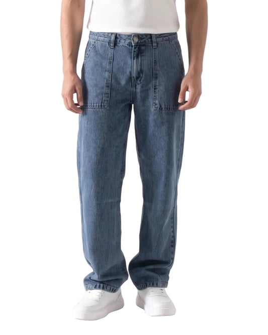 Men's light blue wide-leg jeans with front patch pockets and fixed waist by TREE