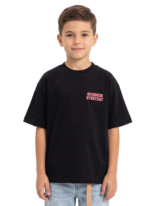 Child wearing a black t-shirt with 'SUMMER EVERYDAY' text on a white background