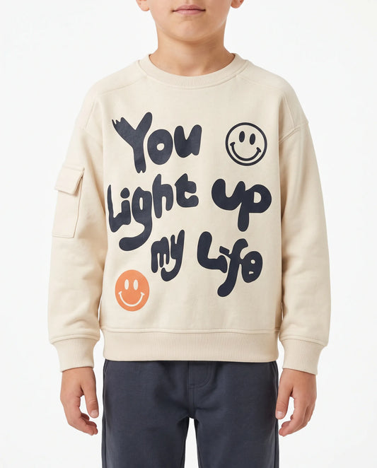 Boys' beige graphic sweatshirt with sleeve pocket by TREE