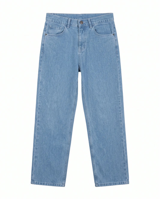 Men's light blue fashion wide-leg jeans with fixed waist and button closure by TREE