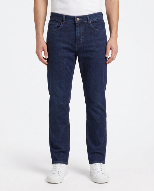 Men's dark blue straight fit jeans with fixed waist and button closure by TREE