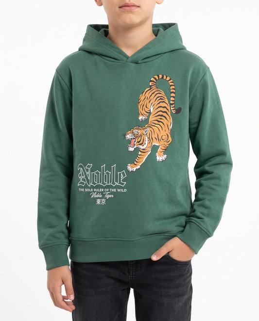 Boys' olive green printed hoodie with tiger graphic by TREE