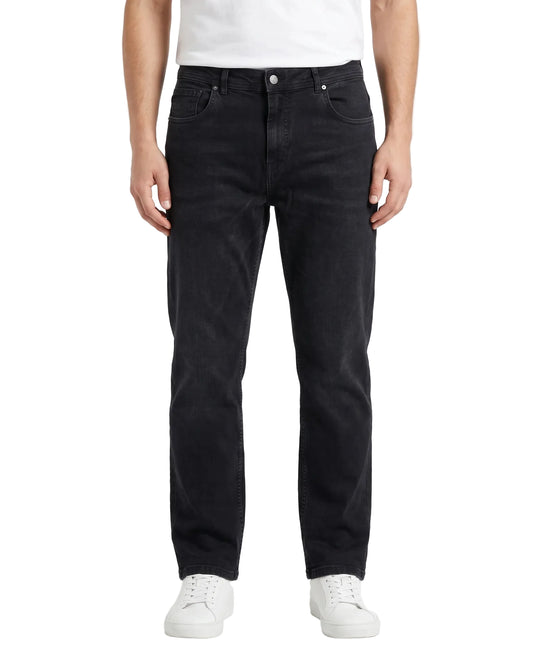 Men's black straight fit jeans with fixed waist and button closure by TREE