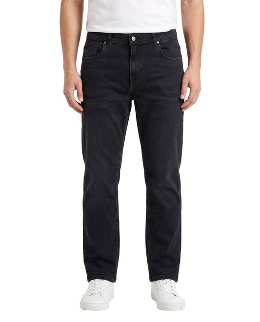 Men's dark black straight fit jeans with fixed waist and button closure by TREE