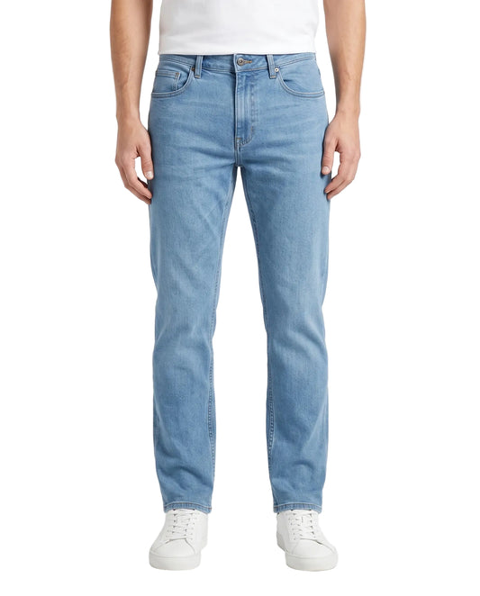 Men's light blue straight fit jeans with fixed waist and button closure by TREE