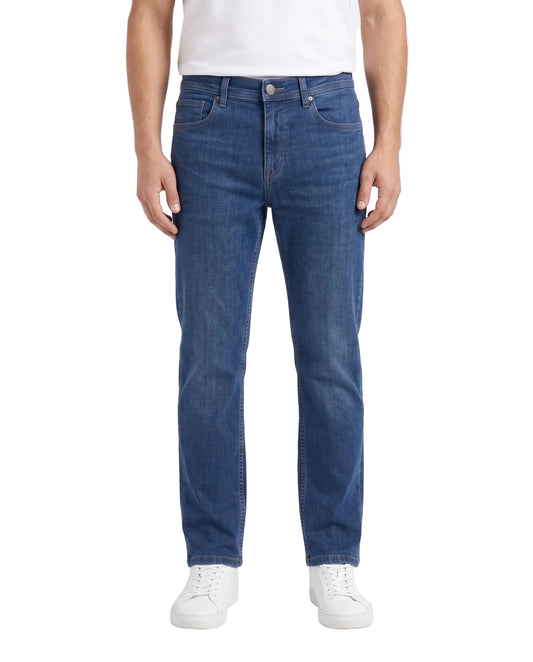 Men's blue straight fit jeans with fixed waist and button closure by TREE