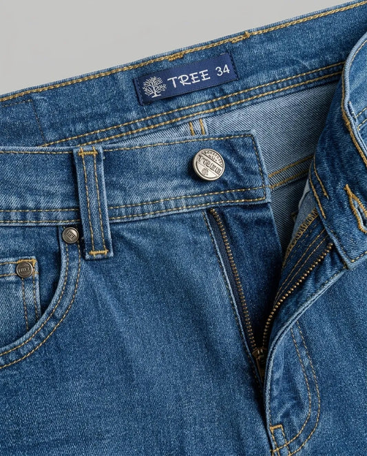 Men's blue regular-fit jeans with fixed waist and button closure by TREE