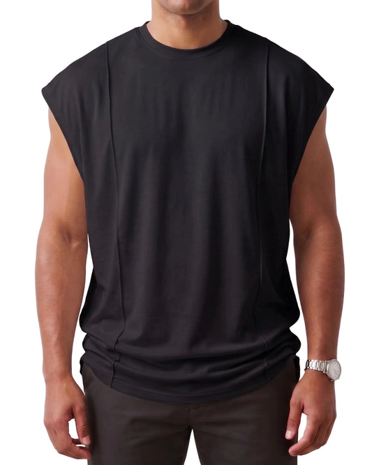 Person wearing a black sleeveless shirt on a white background