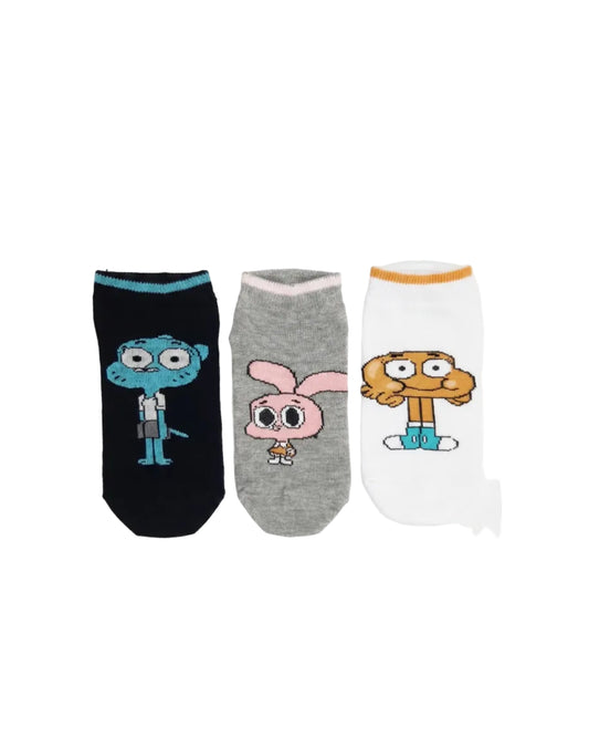 Flat lay view of a 3-pack kids' lycra socks set featuring Gumball character prints by TREE.