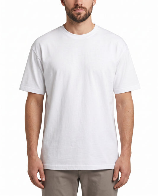 A man wearing a plain white short-sleeve crewneck t-shirt, shown from the chin down against a clean white background.