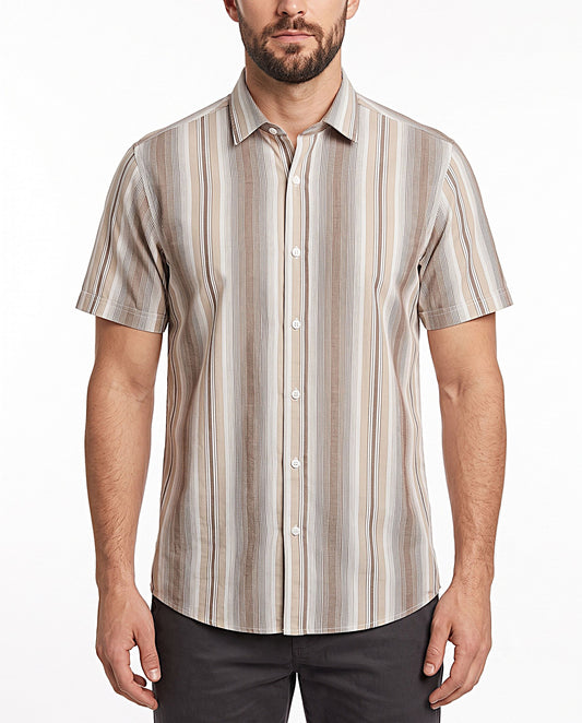 Men's khaki casual shirt with chest pockets and durable texture by TREE.
