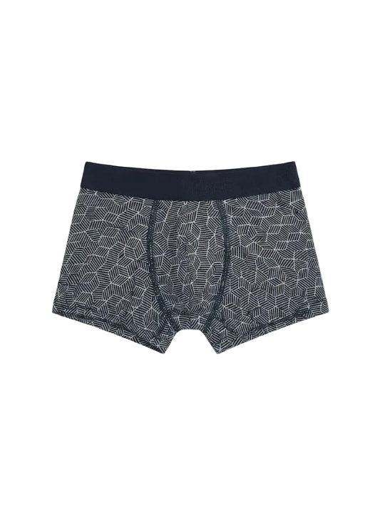 Front view of kids' printed geometric pattern cotton-lycra boxer briefs featuring an elastic waistband by TREE.