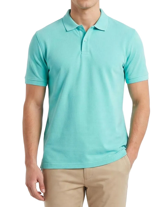 Men's turquoise polo shirt with a regular fit and white buttons, displayed against a pure white background.