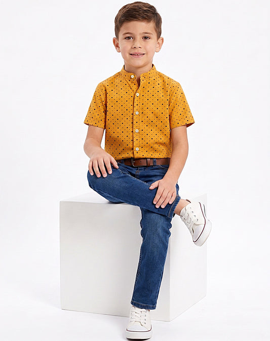 Boys' Mustard Polka Dot Mandarin Collar Short Sleeve Shirt – Cotton Blend