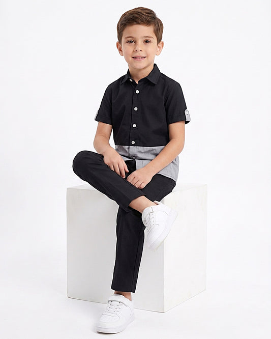 Boys' Black & Grey Oxford Color-Block Short Sleeve Shirt – 100% Cotton