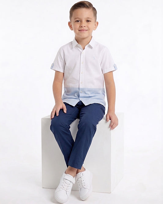 Boys' White & Light Blue Oxford Color-Block Short Sleeve Shirt – 100% Cotton
