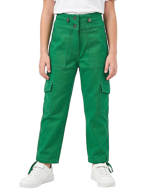 Girls' Green Gabardine Wide-Leg Cargo Pants with Buttoned High Waist – Wide Fit