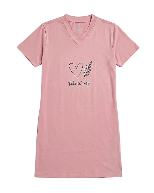 Front view of a women's slate (dusty pink) V-neck cotton blend nightshirt featuring a "Take It Easy" print by TREE.