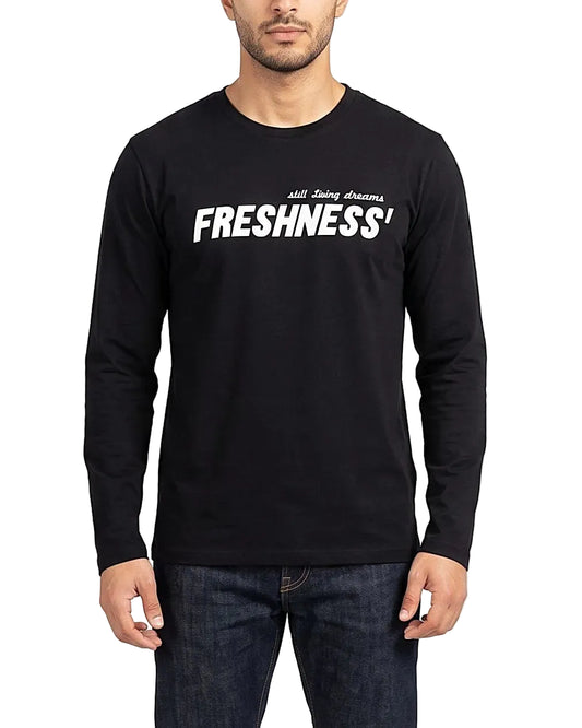Front view of a men's black long sleeve 100% cotton t-shirt featuring a "FRESHNESS" graphic print by TREE.