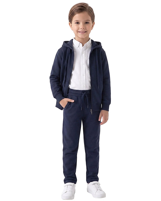 Front view of a young girl wearing a navy milton full-zip hoodie in a relaxed fit by TREE.