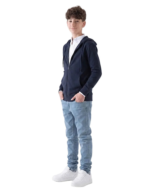 Front view of a boy wearing a boys' milton navy zip-up hoodie (95% cotton & 5% spandex) featuring a hood and front pockets by TREE.