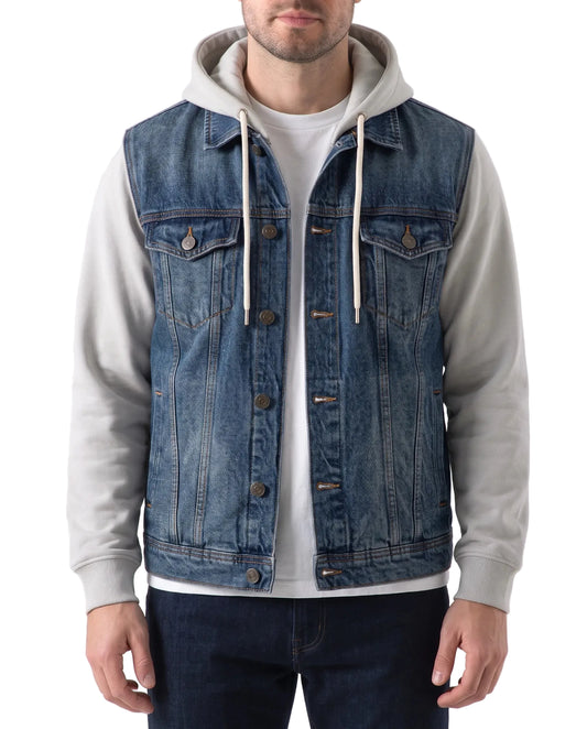 Men's denim jacket with fleece sleeves dark blue - TREE
