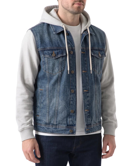 Men's denim jacket with fleece sleeves dark blue - TREE