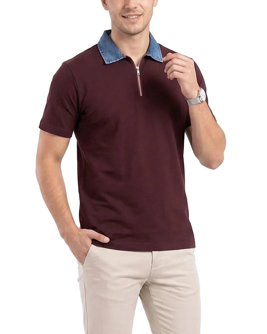 Front view of a men's burgundy polo t-shirt featuring a denim collar and front zipper in a regular fit by TREE.