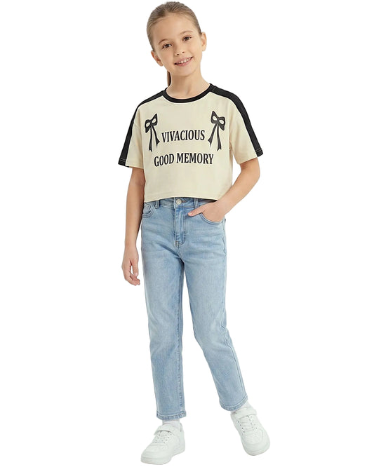 Front view of a girls' graphic printed t-shirt featuring "VIVACIOUS" and contrast shoulders in a regular fit by TREE.