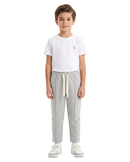Front view of a boy wearing boys' summer grey milton pants featuring an elastic waist and drawstring tie by TREE.